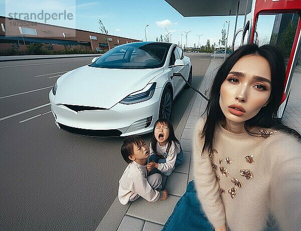 Sleepy gelangweilt verzweifelt Mixed race asiatische Mutter und Kinder warten ev Elektro Hybrid Auto suv volle Ladung Batterie  um weiter zu reisen 3d render Kunst ai generiert