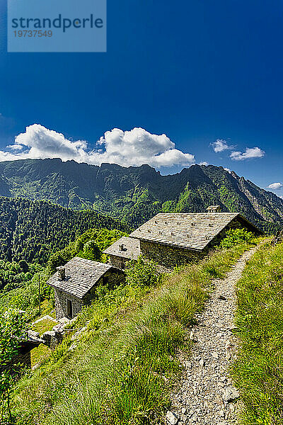 Die idyllische Landschaft des Val Mastellone im Sommer  Rimella  Valsesia  Bezirk Vercelli  Piemont  Italien  Europa