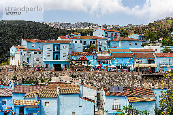 Blue painted Smurf house village of Juzcar  Pueblos Blancos region  Andalusia  Spain  Europe