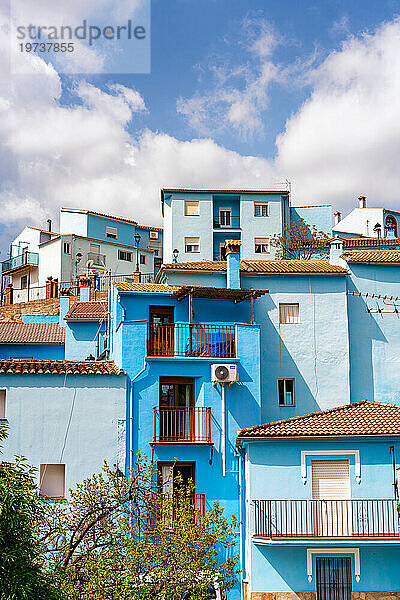 Street in blue painted Smurf house village of Juzcar  Pueblos Blancos region  Andalusia  Spain  Europe