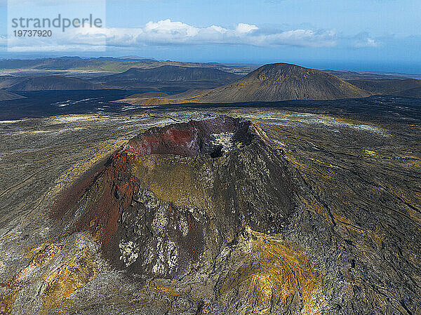 Aerial view of the volcanic cone in eruption area near to Reykjavik  Icelandic southern coast  Iceland  Polar Regions