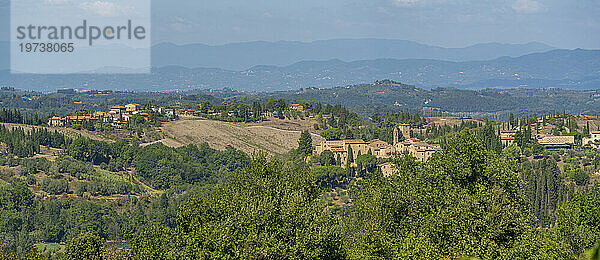 View of hills and landscape and town near San Vivaldo  Tuscany  Italy  Europe