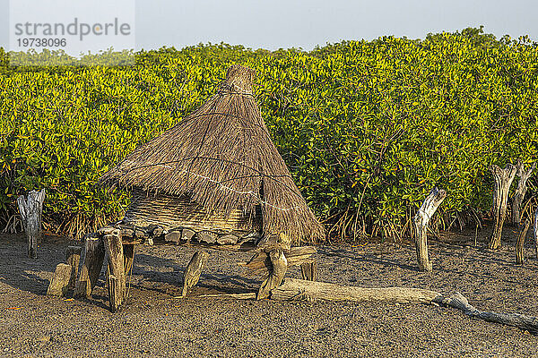 Alter Getreidespeicher mit einem Dach aus trockenem Gras auf einer Insel zwischen Mangrovenbäumen  Joal-Fadiouth  Senegal  Westafrika  Afrika