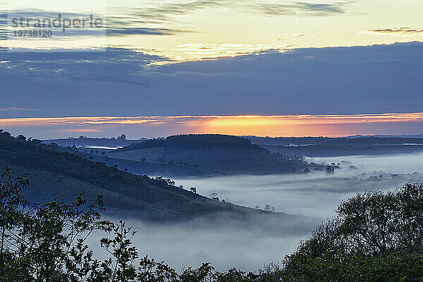 Frühmorgendlicher Nebel über Tälern und Bergen  Serra da Canastra  Bundesstaat Minas Gerais  Brasilien  Südamerika