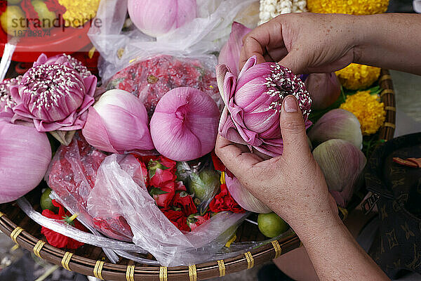 Blumengirlanden als Tempelopfer für hinduistische Zeremonien  indischer Blumenladen im Sri Maha Mariamman Tempel  Bangkok  Thailand  Südostasien  Asien