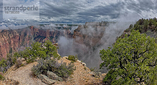 Dampfartiger Nebel steigt aus dem Südrand des Grand Canyon östlich von Grandview Point  Grand Canyon National Park  UNESCO-Weltkulturerbe  Arizona  Vereinigte Staaten von Amerika  Nordamerika