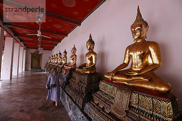 Reihe goldener Buddha-Statuen  Geste des Erdzeugen  Wat Pho (Tempel des liegenden Buddha)  Bangkok  Thailand  Südostasien  Asien