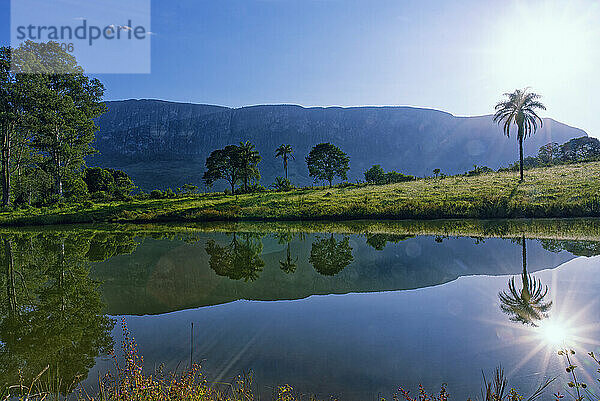 Bäume spiegeln sich in einem Teich  Serra da Canastra  Bundesstaat Minas Gerais  Brasilien  Südamerika