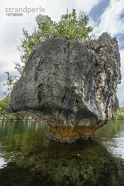 Ein Blick auf mit Vegetation bedeckte Kalksteininseln  Gam Island  Raja Ampat  Indonesien  Südostasien  Asien