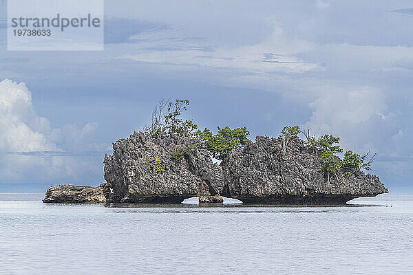 Ein Blick auf mit Vegetation bedeckte Kalksteininseln in Batu Hatrim  Raja Ampat  Indonesien  Südostasien  Asien