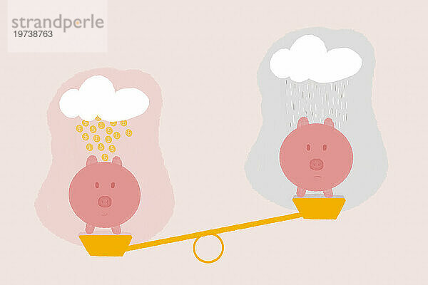 Sparschweine auf der Waage unter Wolken mit Goldmünzen und fallendem Regen vor rosa Hintergrund
