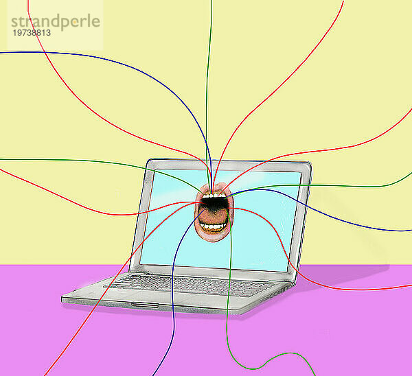 Laptop mit schreiendem Mund und mehrfarbigen Kabeln