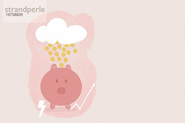 Sparschwein unter Goldmünzen  die vor rosa Hintergrund aus Wolken fallen
