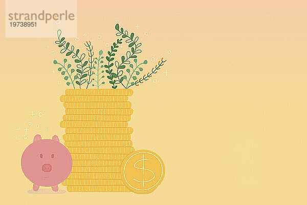 Stapel Goldmünzen mit Pflanze und Sparschwein vor gelbem Hintergrund