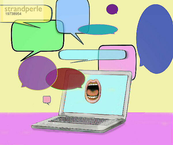 Schreiender Mund auf Laptop-Bildschirm mit Sprechblasen