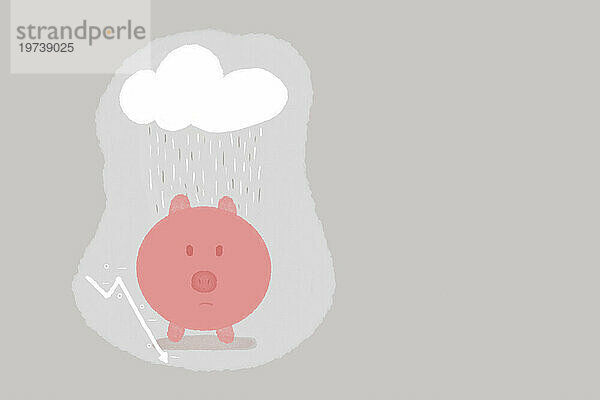 Sparschwein unter regnerischen Wolken vor grauem Hintergrund
