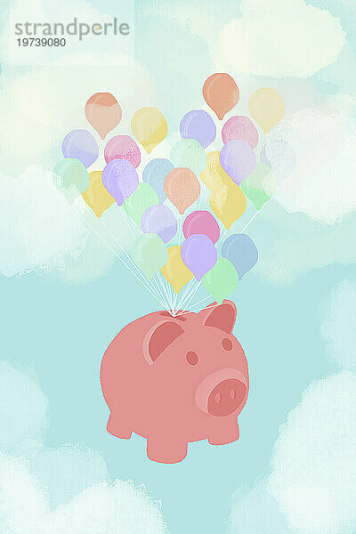 Sparschwein  gebunden an einen Haufen Luftballons  die in Wolken fliegen