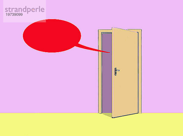 Door emitting speech bubble near pink wall