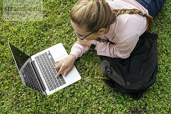Freelancer with braided hair using laptop lying on grass in park