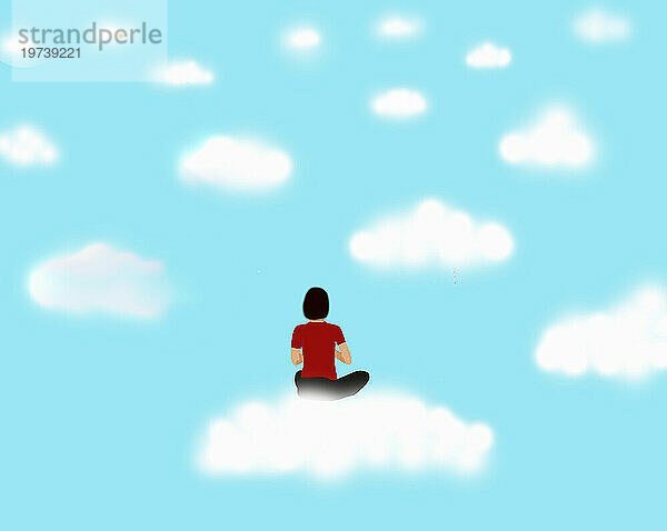 Frau meditiert auf einer schwebenden Wolke
