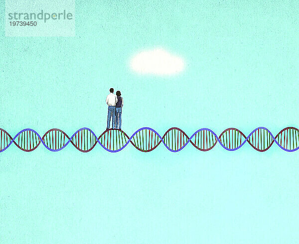 Couple standing on double helix model looking at single cloud floating in background