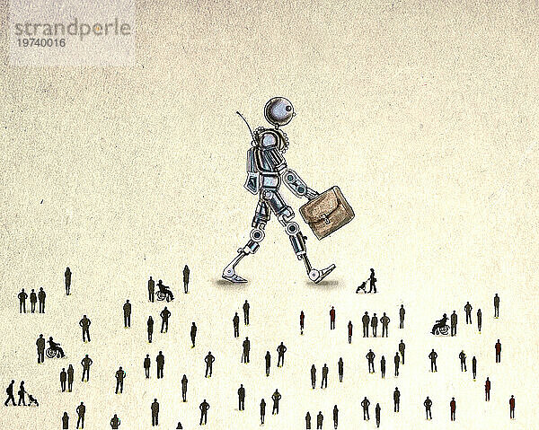 Crowd of people in front of oversized robot walking with suitcase against brown background