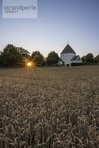 Dänemark  Bornholm  Nylars  Feld vor der Nylars-Kirche bei Sonnenuntergang