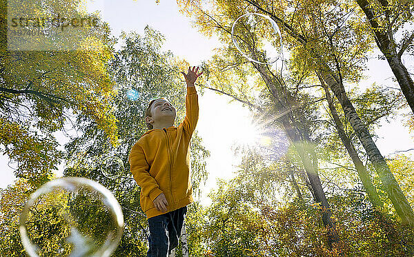 Fröhlicher Junge jagt Seifenblasen im Herbstwald