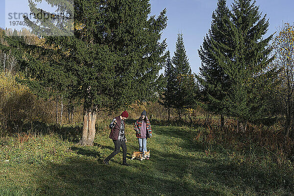 Paar spielt am Wochenende mit Hund im Naturpark