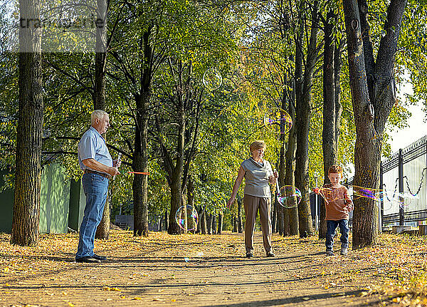 Junge macht an einem sonnigen Tag Seifenblasen mit Großeltern im Park
