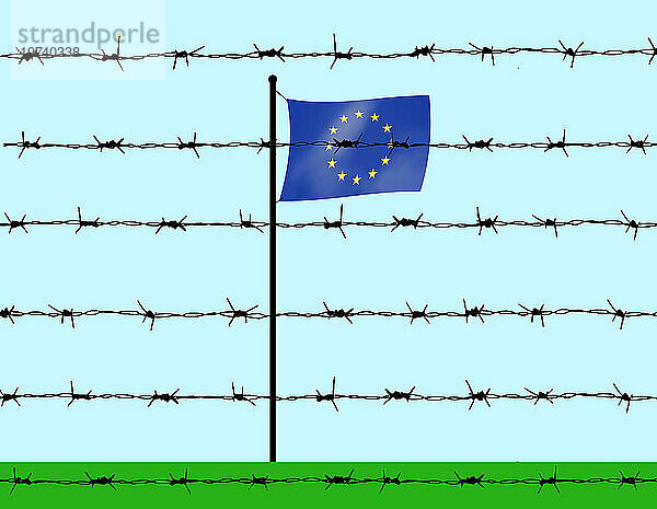 Flagge der Europäischen Union hinter Stacheldraht unter Himmel