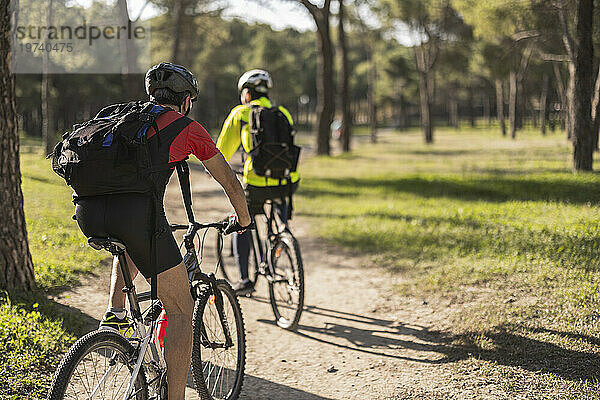 Ältere Freunde tragen Rucksäcke und fahren Fahrrad auf der Straße im Wald