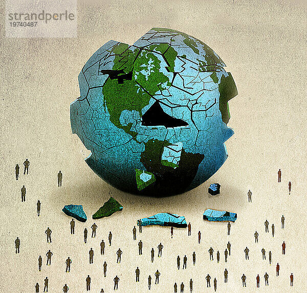 People standing in front of broken planet earth against brown background