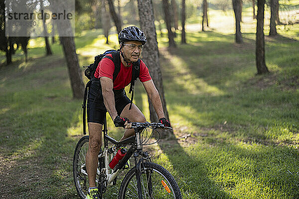 Reifer Mann mit Helm und Fahrrad im Wald an sonnigen Tagen