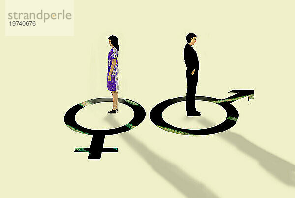 Mann und Frau stehen auf Geschlechtersymbolen und schauen in entgegengesetzte Richtungen