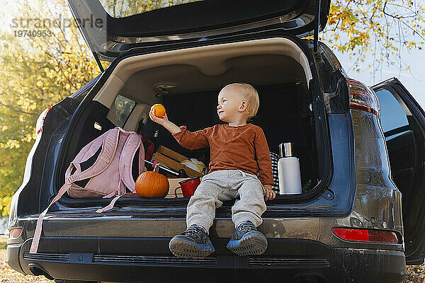 Netter Junge hält Mandarinenfrüchte in der Hand und sitzt im Kofferraum eines Autos