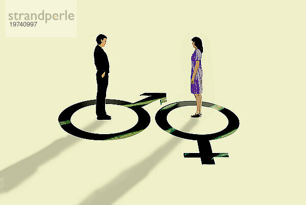 Man and woman standing on gender symbols facing each other