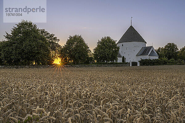 Dänemark  Bornholm  Nylars  Feld vor der Nylars-Kirche bei Sonnenuntergang