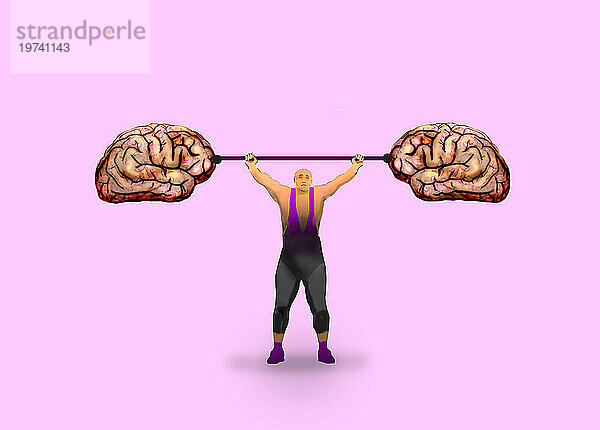 Gehirn einer Person beim Gewichtheben vor rosa Hintergrund