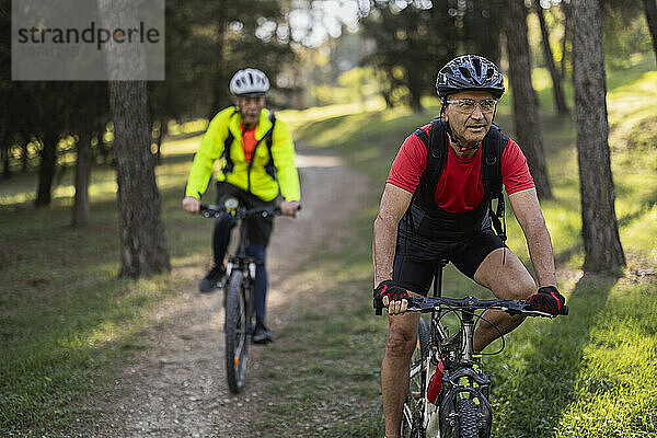 Reifer Mann fährt an einem sonnigen Tag mit einem Freund im Wald Fahrrad