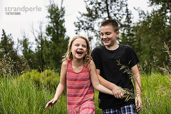 Junger Bruder und Schwester lachen und halten sich an den Händen  während sie gemeinsam durch einen Wald gehen; Edmonton  Alberta  Kanada