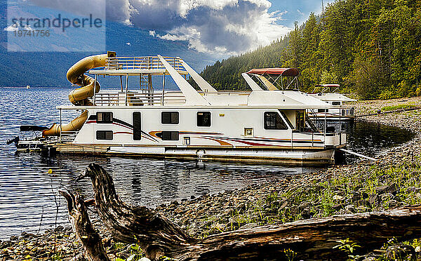 Urlaubshausboote parken an einem Dock am Ufer des Shuswap Lake; Shuswap Lake  British Columbia  Kanada