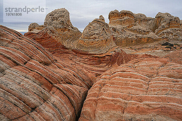 Blick auf den erodierten Navajo-Sandstein  der in der wundersamen Gegend von White Rock rote Felsformationen bildet  die fremde Landschaften mit erstaunlichen Linien  Konturen  Mustern und Formen bilden; Arizona  Vereinigte Staaten von Amerika