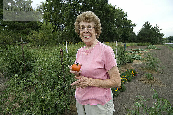 Frau steht in ihrem Garten auf einem Bauernhof; Cortland  Nebraska  Vereinigte Staaten von Amerika