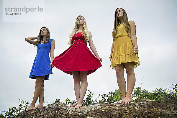 Drei Mädchen im Teenageralter posieren in Kleidern auf einem Baumstamm; Bennet  Nebraska  Vereinigte Staaten von Amerika