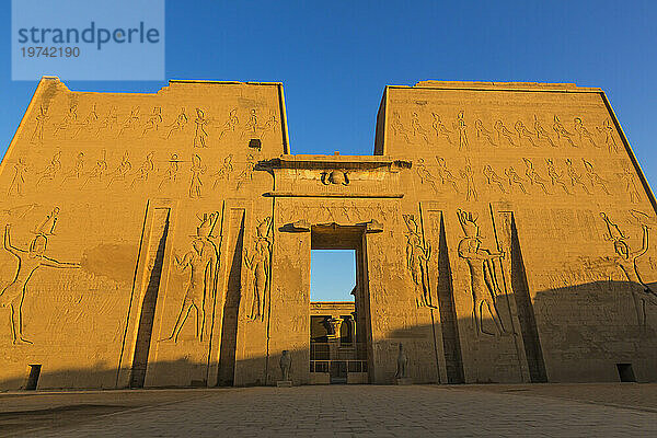 Der beeindruckende Eingangspylon des Horus-Tempels in goldenem Licht und blauem Himmel; Edfu  Ägypten  Nordafrika