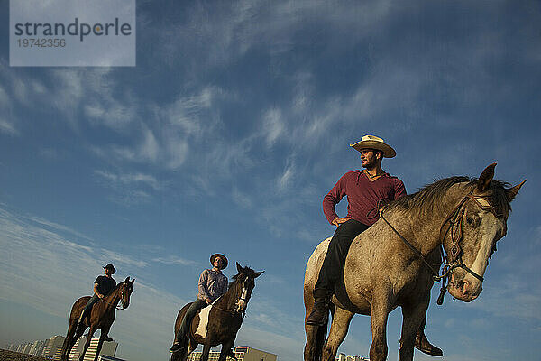 Drei Cowboys reiten bei Sonnenaufgang auf ihren Pferden am Virginia Beach im First Landing State Park  Virginia  USA; Virginia Beach  Virginia  Vereinigte Staaten von Amerika