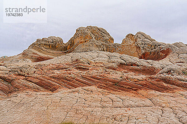 Riesige Navajo-Sandsteinfelsformationen  die als Brain Rocks bezeichnet werden  unter einem bewölkten Himmel in der wundersamen Gegend von White Pocket mit ihren fremdartigen Landschaften aus erstaunlichen Linien  Konturen und Formen; Arizona  Vereinigte Staaten von Amerika