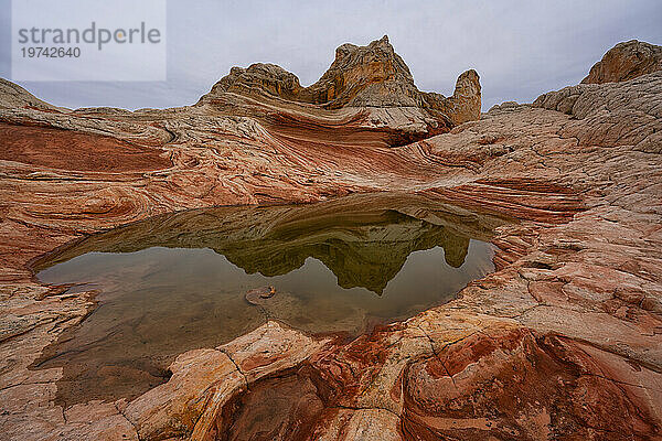 Malerische Aussicht auf die Navajo-Steinfelsformationen  bekannt als Lollipop  die sich in einem Teich in der wundersamen Gegend von White Pocket spiegeln  wo erstaunliche Linien  Konturen und Formen fremdartige Landschaften schaffen  gelegen in Arizona; Arizona  Vereinigte Staaten von Amerika