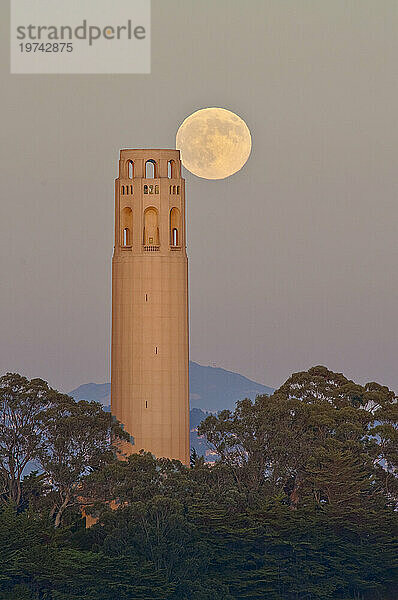 Coit Tower auf dem Telegraph Hill  San Francisco  bei Sonnenuntergang zum Aufgang des Vollmonds; San Francisco  Kalifornien  Vereinigte Staaten von Amerika